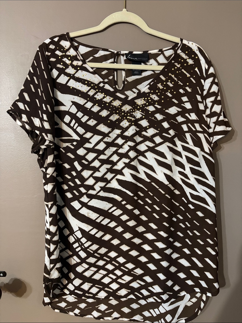 Lane Bryant Brown and White V-Neck Patterned Blouse with Stud Accents
